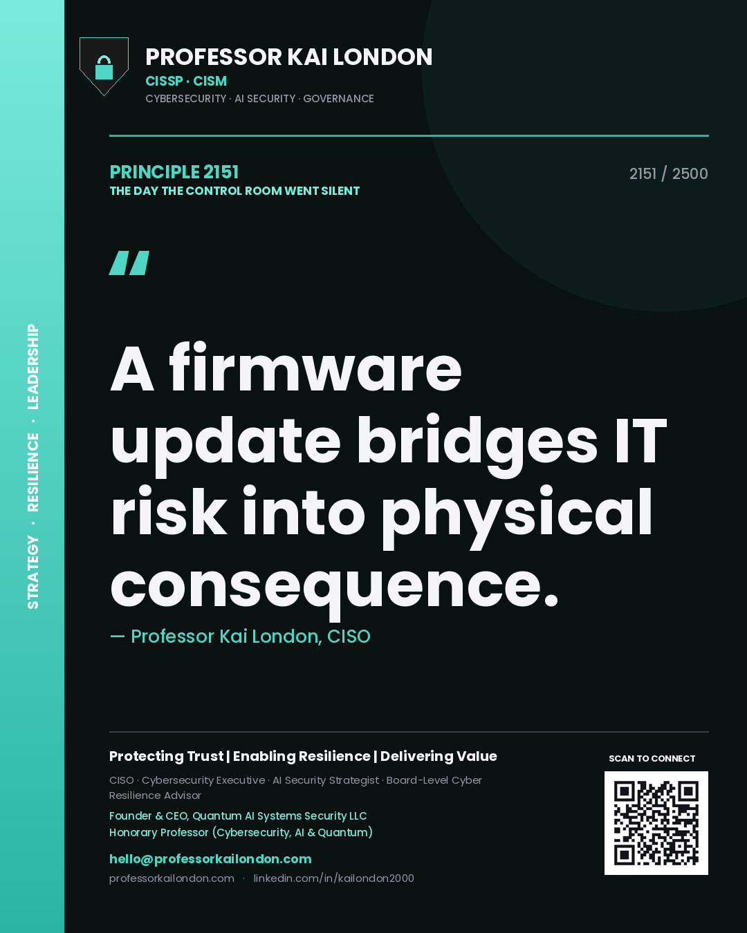 Professor Kai London principle 2151: A firmware update bridges IT risk into physical consequence.