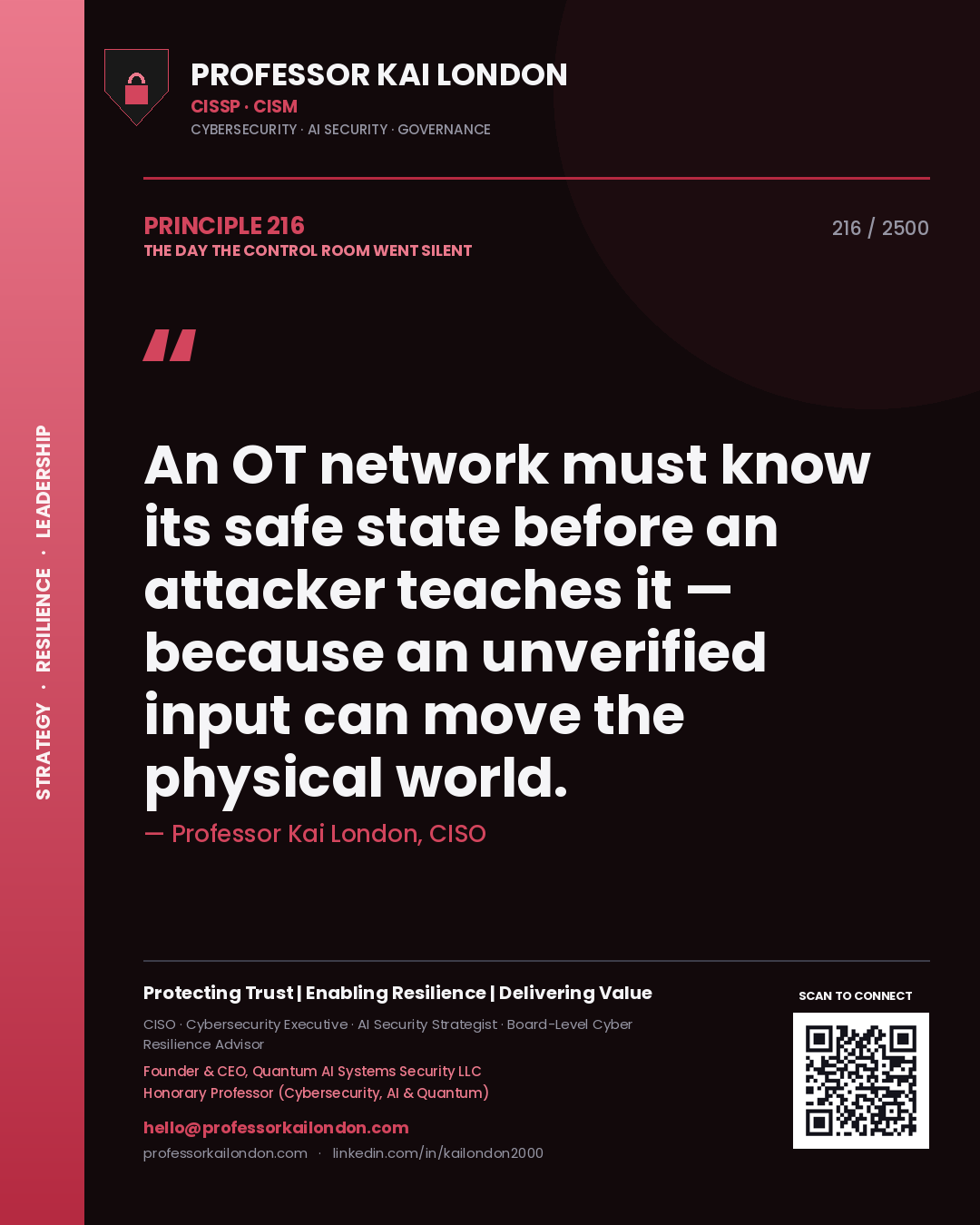 Quote card by Professor Kai London reading 'An OT network must know its safe state before an attacker teaches it — because an unverified input can move the physical world.'. From the book The Day the Control Room Went Silent.