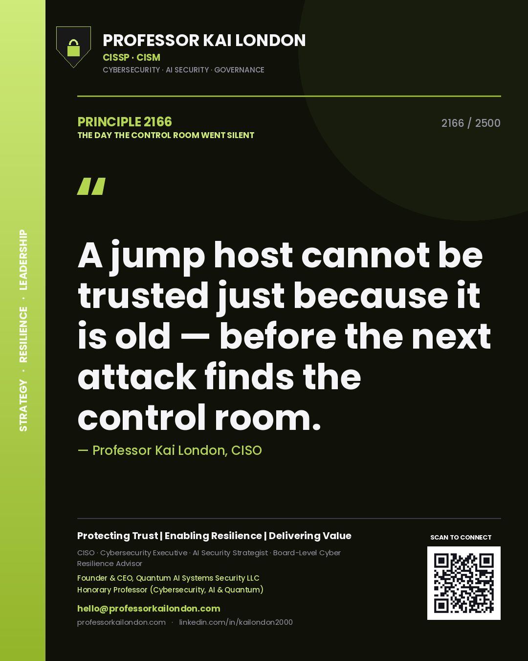 Quote card by Professor Kai London reading 'A jump host cannot be trusted just because it is old — before the next attack finds the control room.'. From the book The Day the Control Room Went Silent.