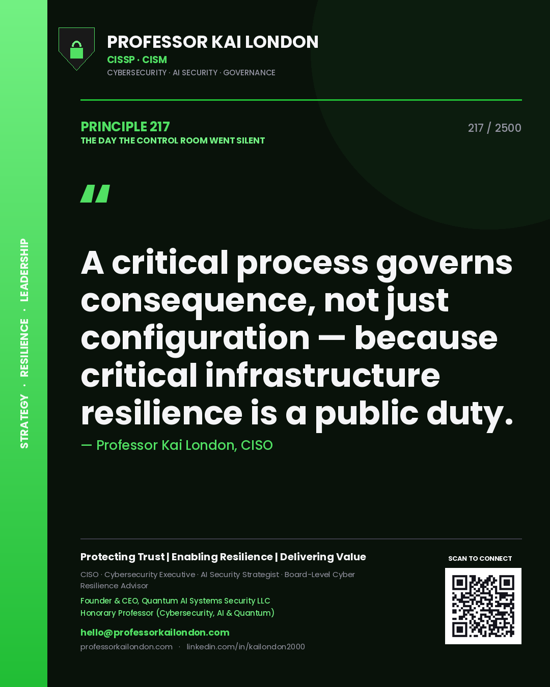 Professor Kai London principle 217: A critical process governs consequence, not just configuration — because critical infrastructure resilience is a public duty.