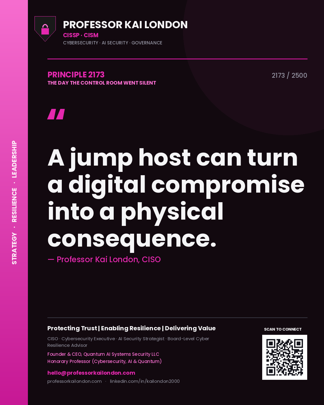Quote card by Professor Kai London reading 'A jump host can turn a digital compromise into a physical consequence.'. From the book The Day the Control Room Went Silent.