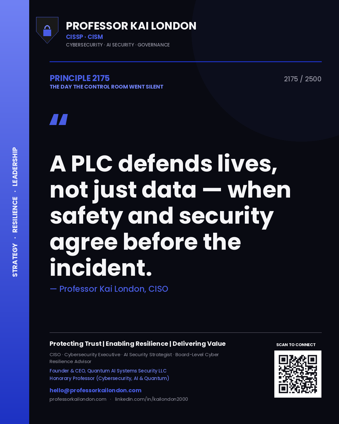 Quote card by Professor Kai London reading 'A PLC defends lives, not just data — when safety and security agree before the incident.'. From the book The Day the Control Room Went Silent.