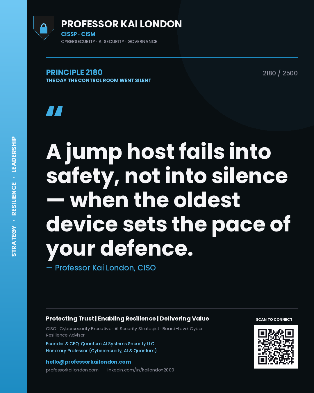 Professor Kai London principle 2180: A jump host fails into safety, not into silence — when the oldest device sets the pace of your defence.