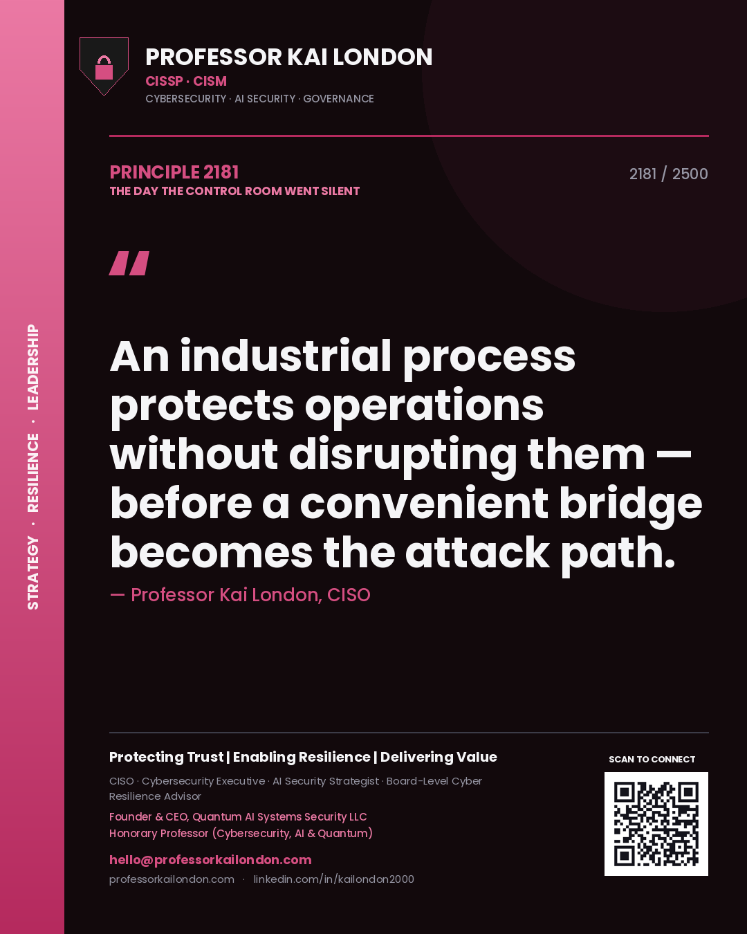 Quote card by Professor Kai London reading 'An industrial process protects operations without disrupting them — before a convenient bridge becomes the attack path.'. From the book The Day the Control Room Went Silent.