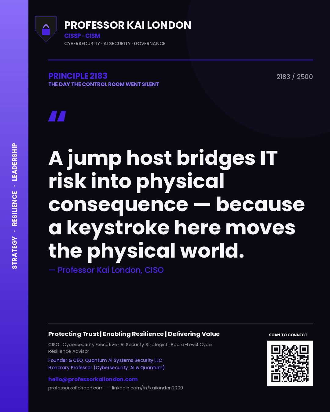 Quote card by Professor Kai London reading 'A jump host bridges IT risk into physical consequence — because a keystroke here moves the physical world.'. From the book The Day the Control Room Went Silent.