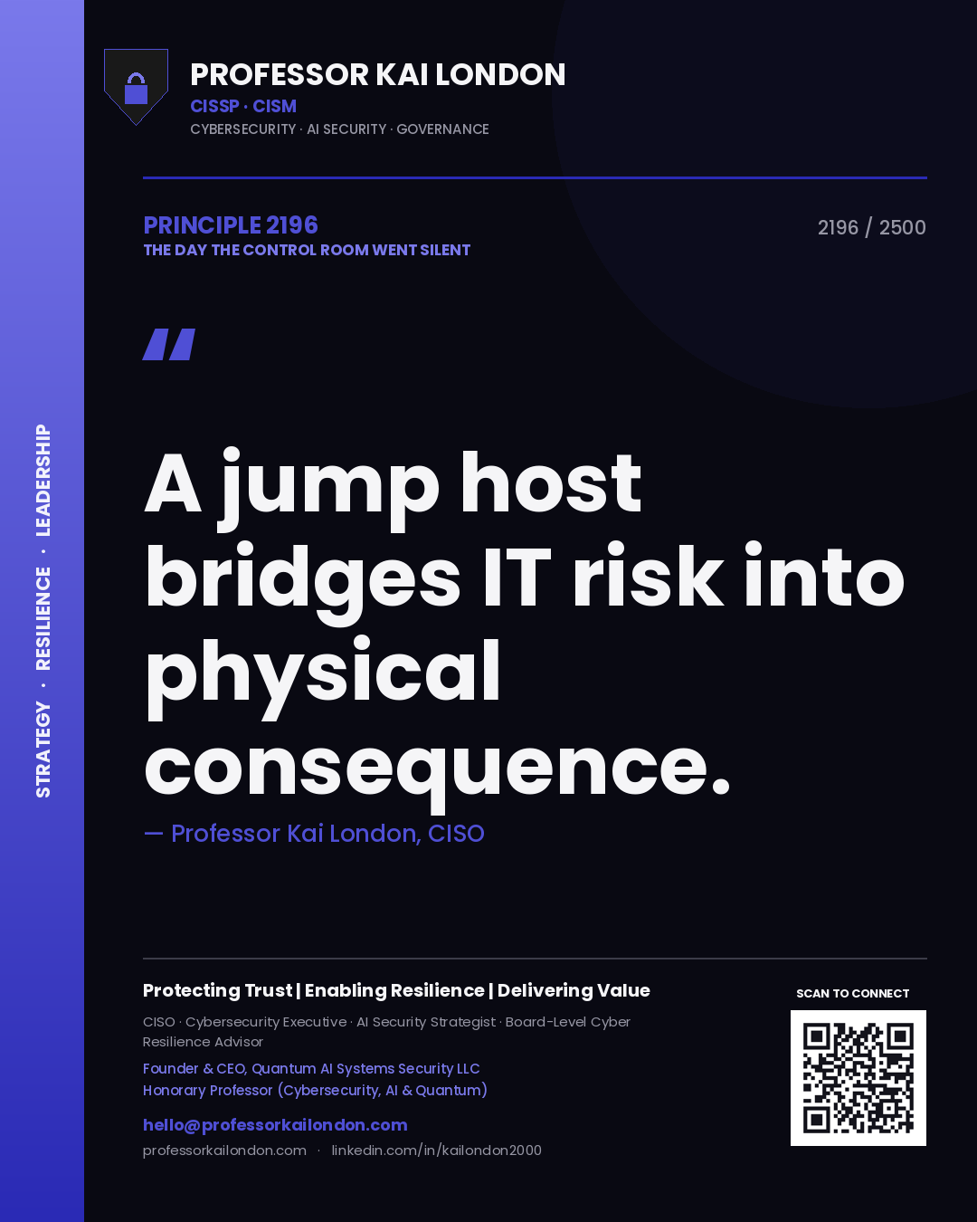 Quote card by Professor Kai London reading 'A jump host bridges IT risk into physical consequence.'. From the book The Day the Control Room Went Silent.