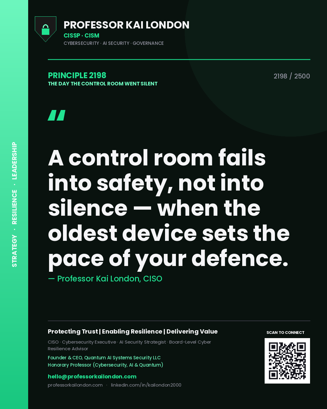 Quote card by Professor Kai London reading 'A control room fails into safety, not into silence — when the oldest device sets the pace of your defence.'. From the book The Day the Control Room Went Silent.