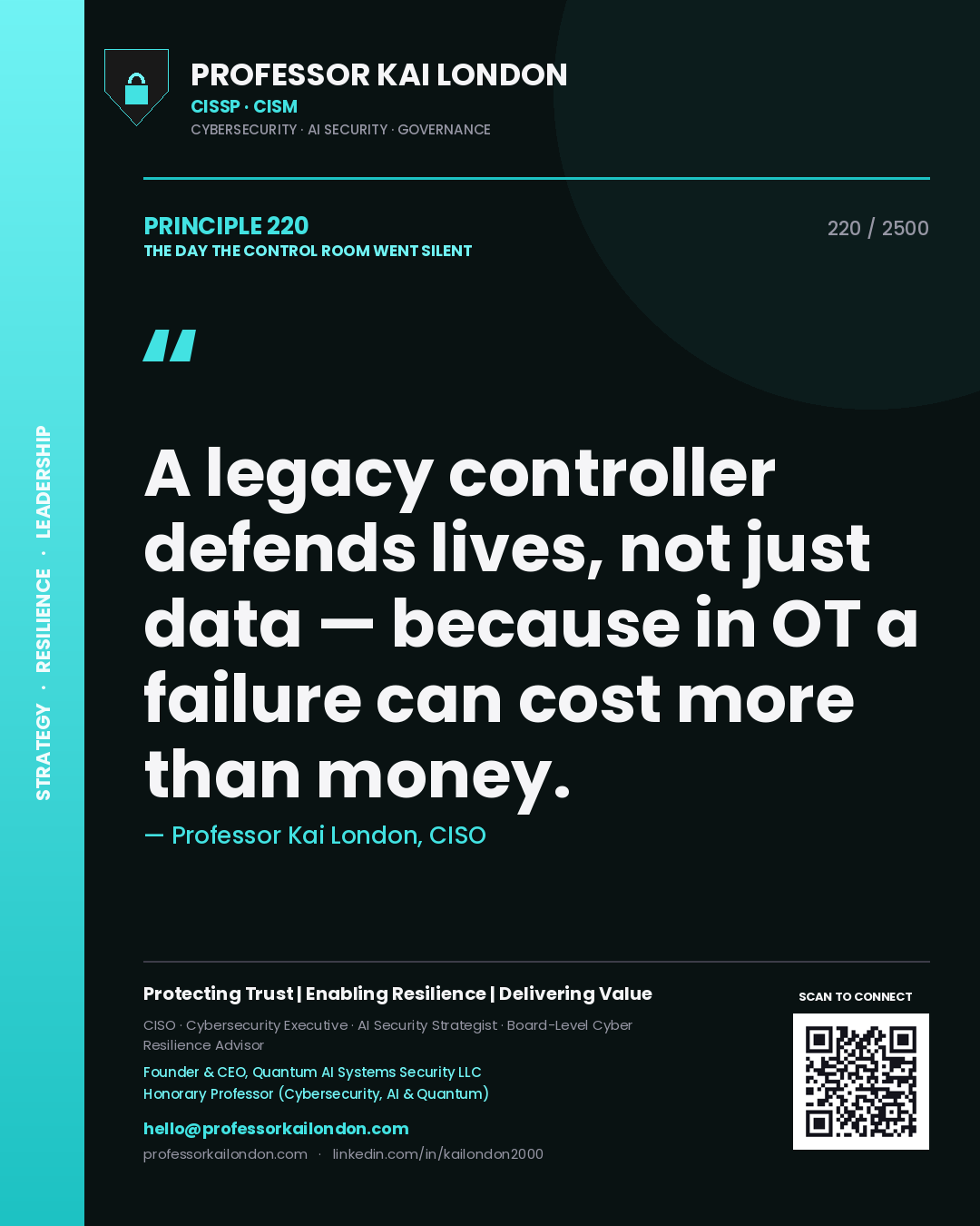 Quote card by Professor Kai London reading 'A legacy controller defends lives, not just data — because in OT a failure can cost more than money.'. From the book The Day the Control Room Went Silent.