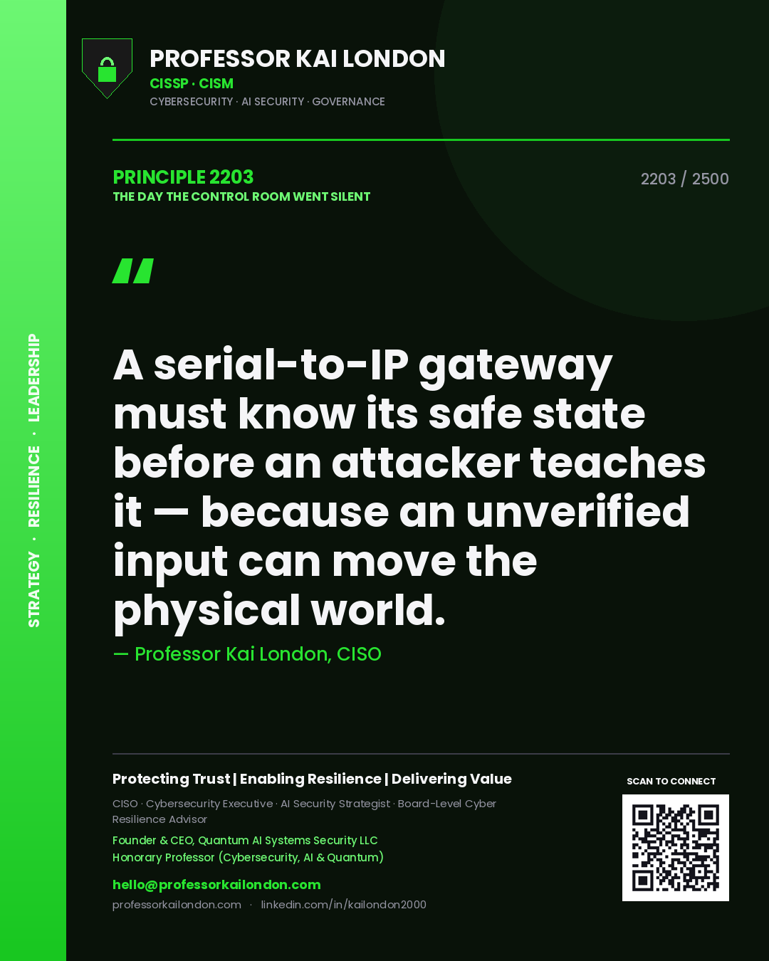 Quote card by Professor Kai London reading 'A serial-to-IP gateway must know its safe state before an attacker teaches it — because an unverified input can move the physical world.'. From the book The Day the Control Room Went Silent.