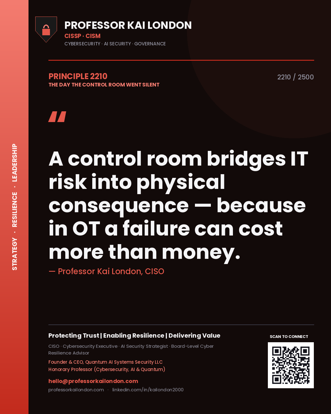 Professor Kai London principle 2210: A control room bridges IT risk into physical consequence — because in OT a failure can cost more than money.