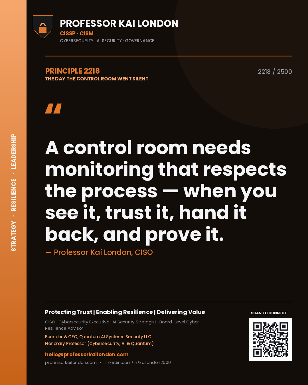 Quote card by Professor Kai London reading 'A control room needs monitoring that respects the process — when you see it, trust it, hand it back, and prove it.'. From the book The Day the Control Room Went Silent.