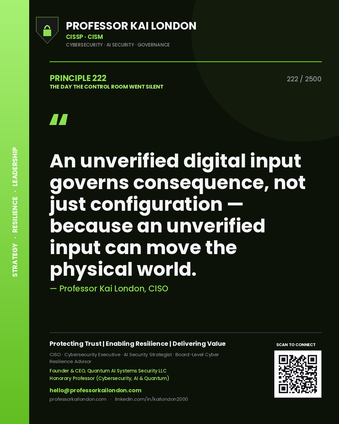 Quote card by Professor Kai London reading 'An unverified digital input governs consequence, not just configuration — because an unverified input can move the physical world.'. From the book The Day the Control Room Went Silent.
