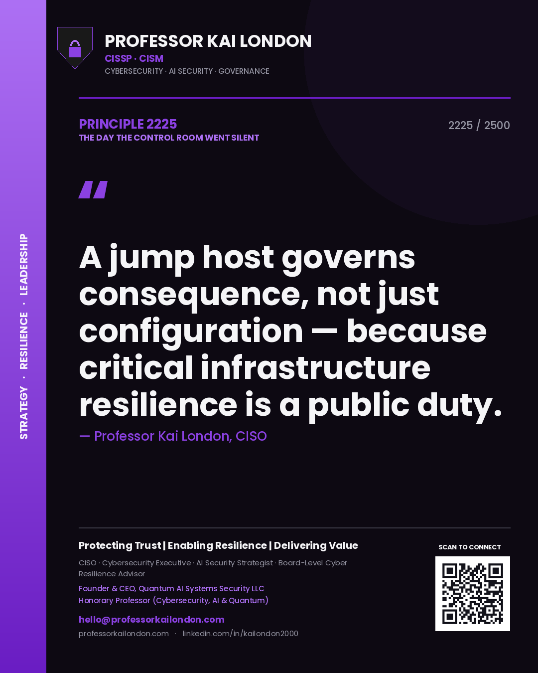 Professor Kai London principle 2225: A jump host governs consequence, not just configuration — because critical infrastructure resilience is a public duty.