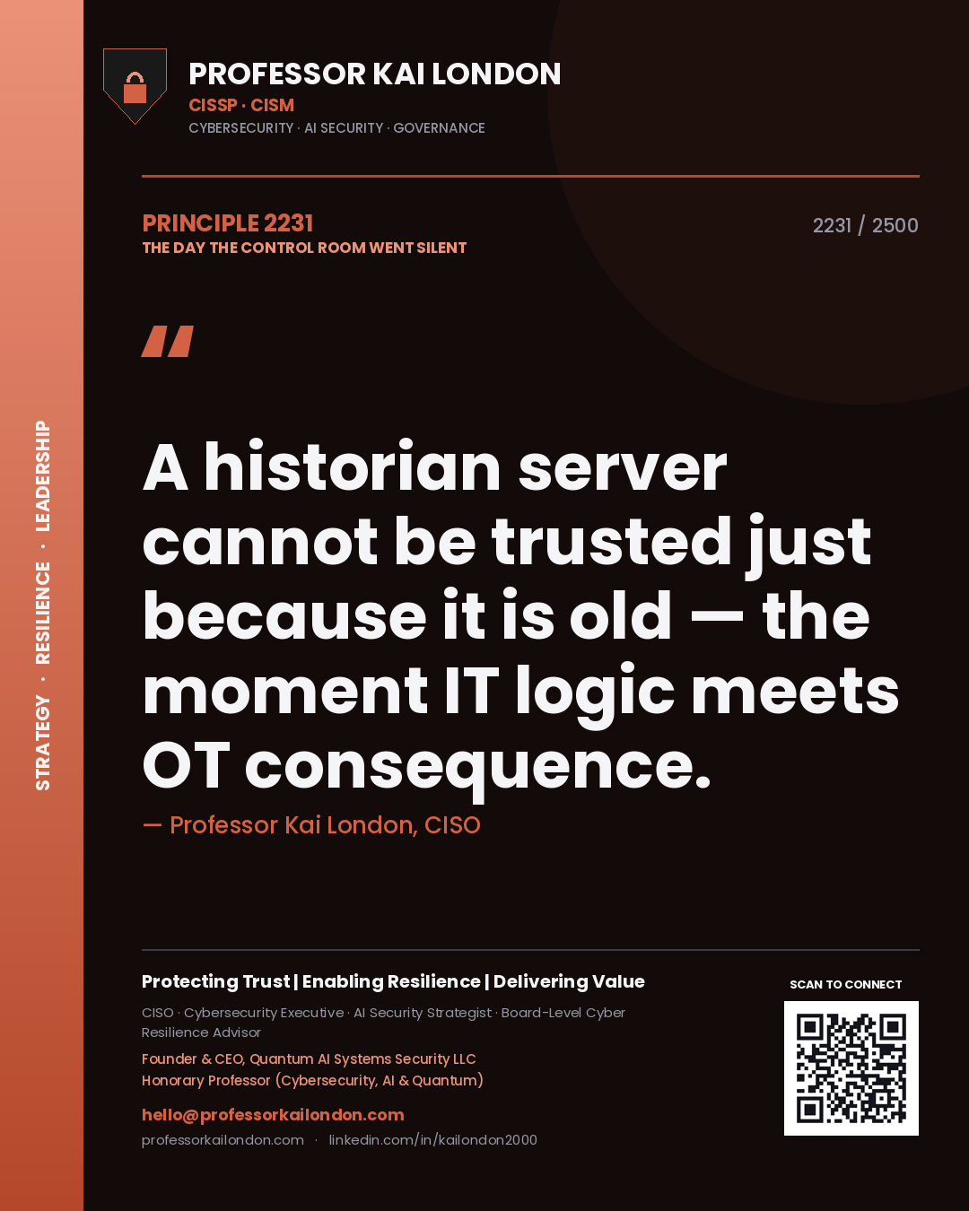 Quote card by Professor Kai London reading 'A historian server cannot be trusted just because it is old — the moment IT logic meets OT consequence.'. From the book The Day the Control Room Went Silent.