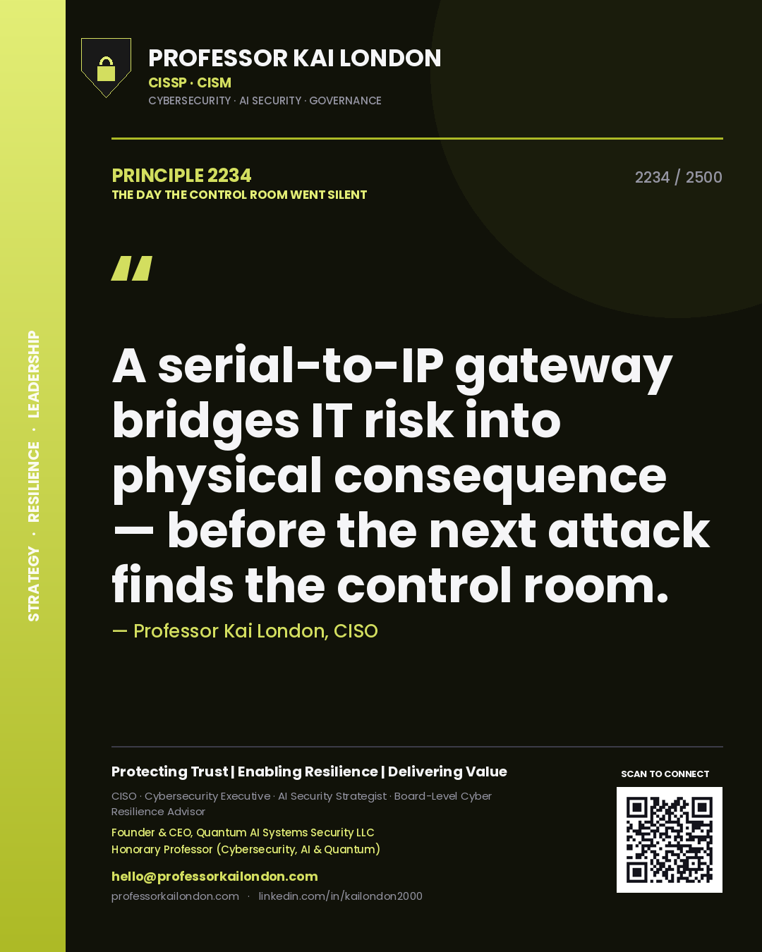 Quote card by Professor Kai London reading 'A serial-to-IP gateway bridges IT risk into physical consequence — before the next attack finds the control room.'. From the book The Day the Control Room Went Silent.