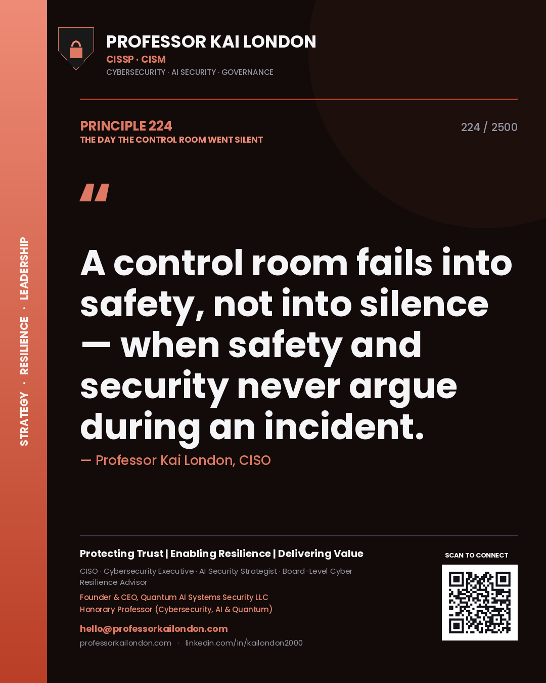 Quote card by Professor Kai London reading 'A control room fails into safety, not into silence — when safety and security never argue during an incident.'. From the book The Day the Control Room Went Silent.