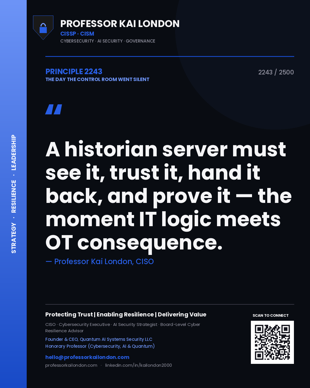 Professor Kai London principle 2243: A historian server must see it, trust it, hand it back, and prove it — the moment IT logic meets OT consequence.