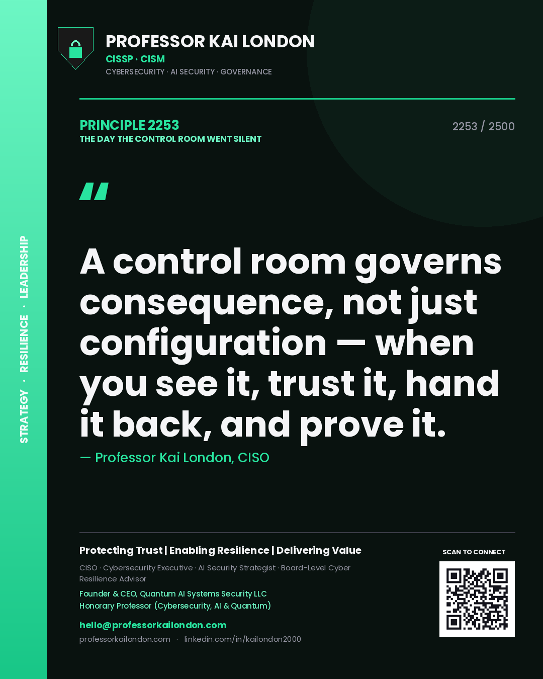 Professor Kai London principle 2253: A control room governs consequence, not just configuration — when you see it, trust it, hand it back, and prove it.