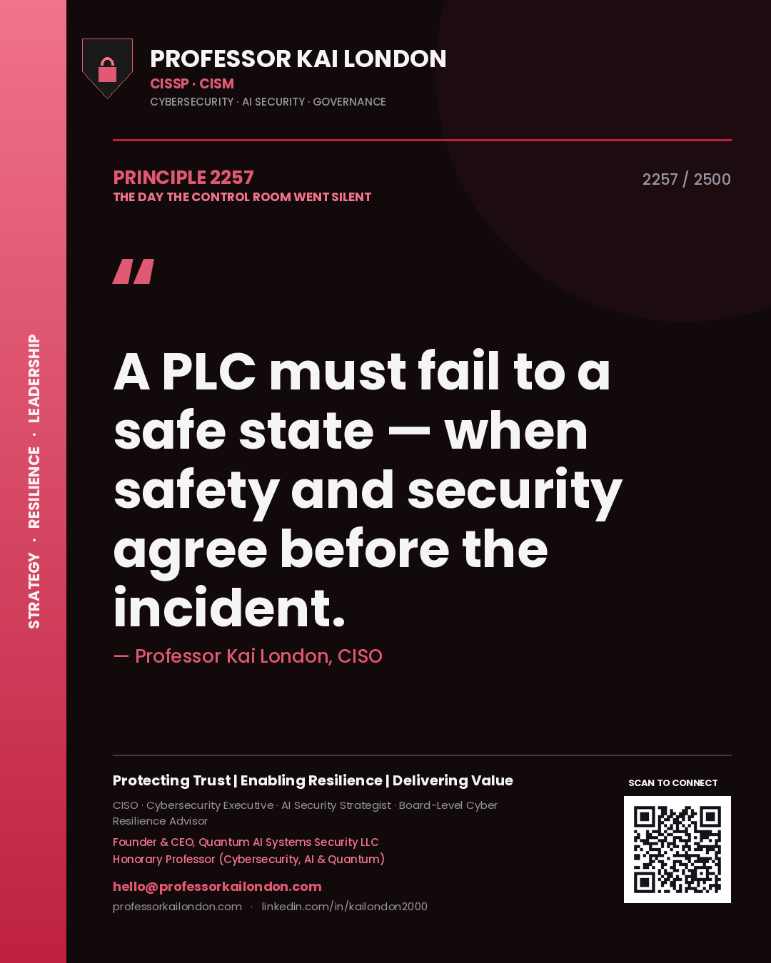 Professor Kai London principle 2257: A PLC must fail to a safe state — when safety and security agree before the incident.