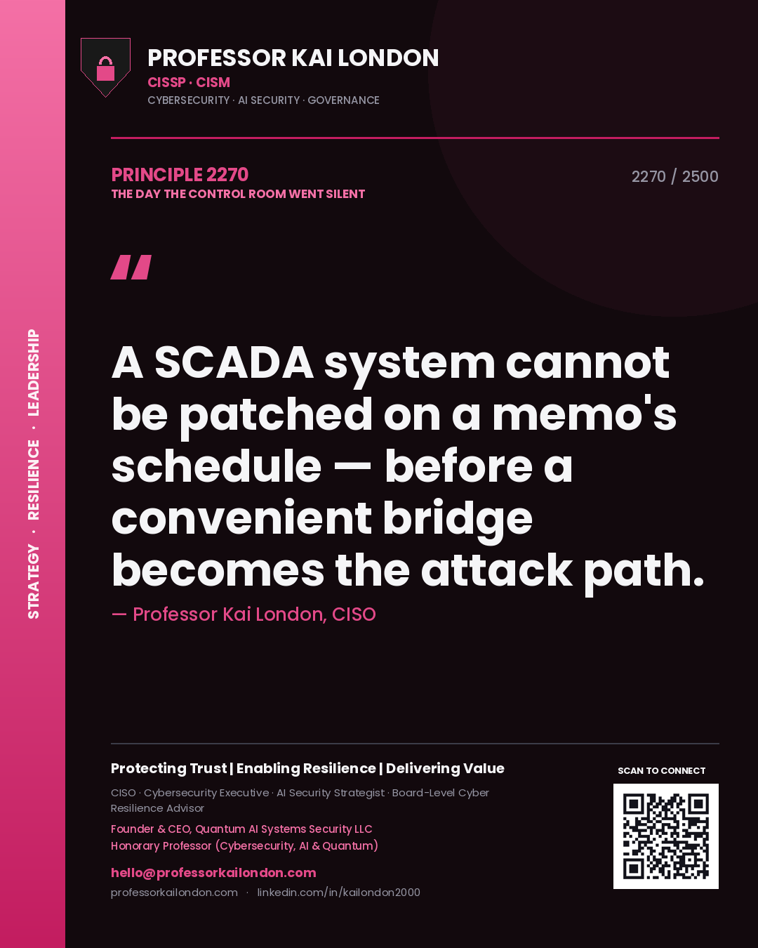 Quote card by Professor Kai London reading 'A SCADA system cannot be patched on a memo's schedule — before a convenient bridge becomes the attack path.'. From the book The Day the Control Room Went Silent.