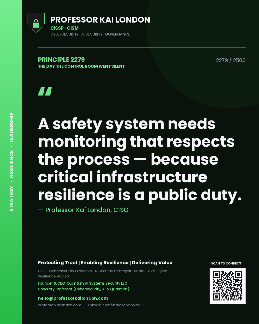 Quote card by Professor Kai London reading 'A safety system needs monitoring that respects the process — because critical infrastructure resilience is a public duty.'. From the book The Day the Control Room Went Silent.