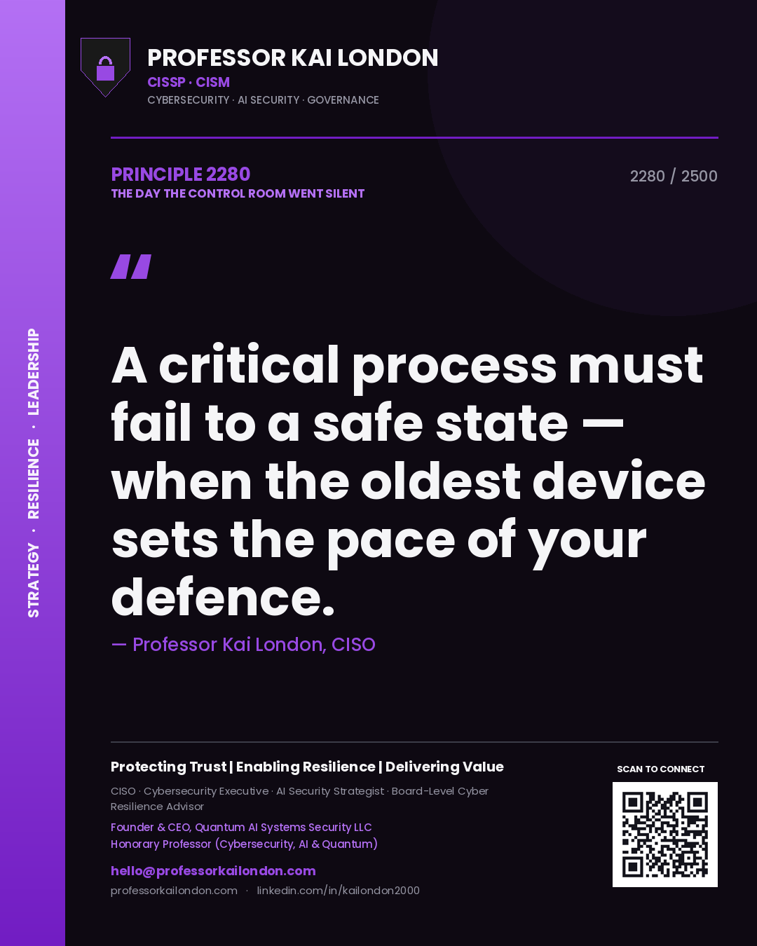 Quote card by Professor Kai London reading 'A critical process must fail to a safe state — when the oldest device sets the pace of your defence.'. From the book The Day the Control Room Went Silent.