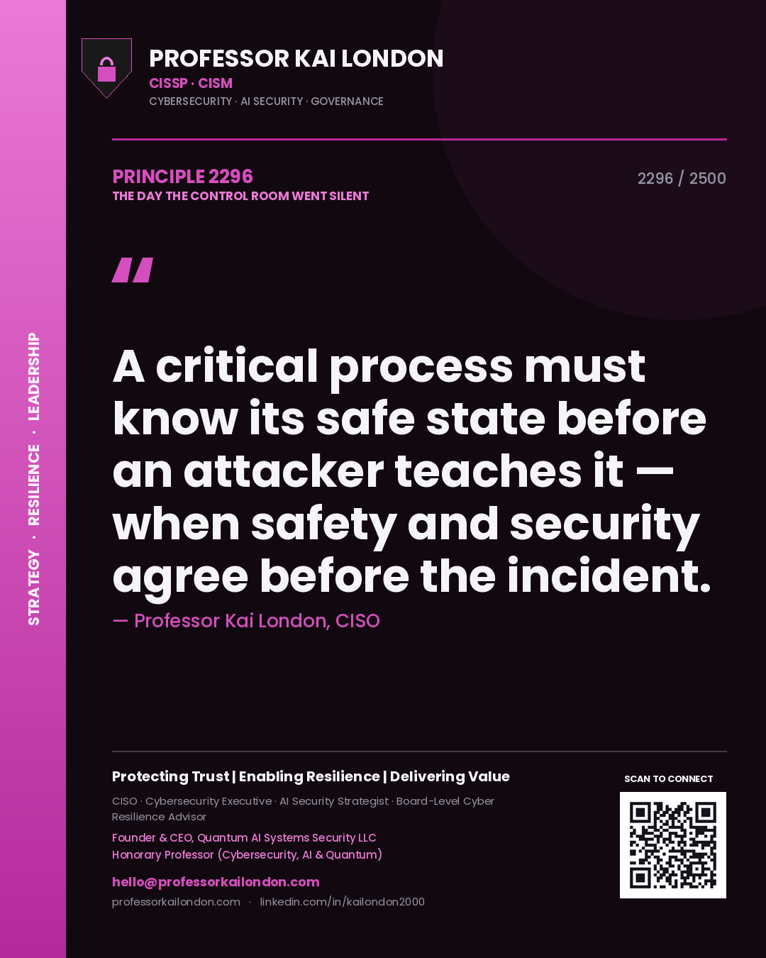 Professor Kai London principle 2296: A critical process must know its safe state before an attacker teaches it — when safety and security agree before the incident.