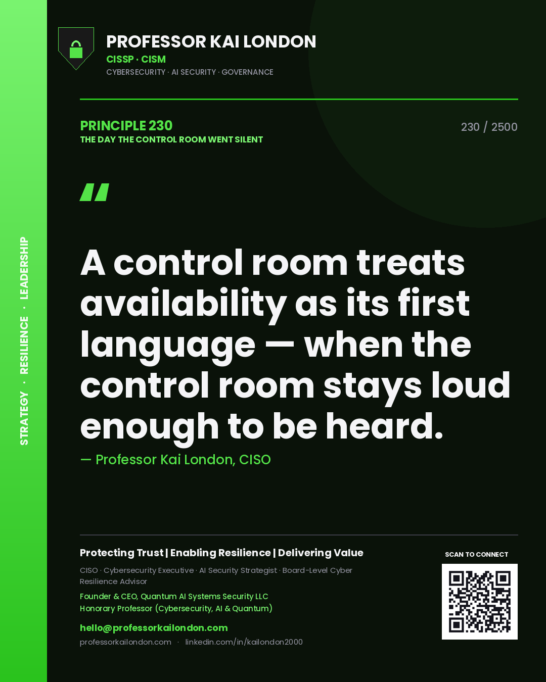 Quote card by Professor Kai London reading 'A control room treats availability as its first language — when the control room stays loud enough to be heard.'. From the book The Day the Control Room Went Silent.