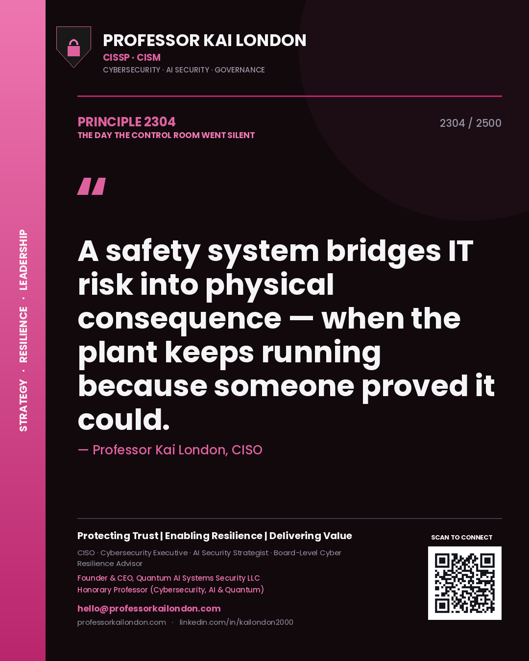 Quote card by Professor Kai London reading 'A safety system bridges IT risk into physical consequence — when the plant keeps running because someone proved it could.'. From the book The Day the Control Room Went Silent.