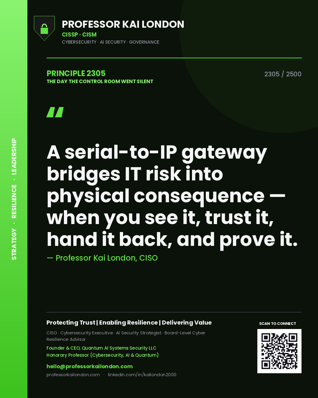 Professor Kai London principle 2305: A serial-to-IP gateway bridges IT risk into physical consequence — when you see it, trust it, hand it back, and prove it.