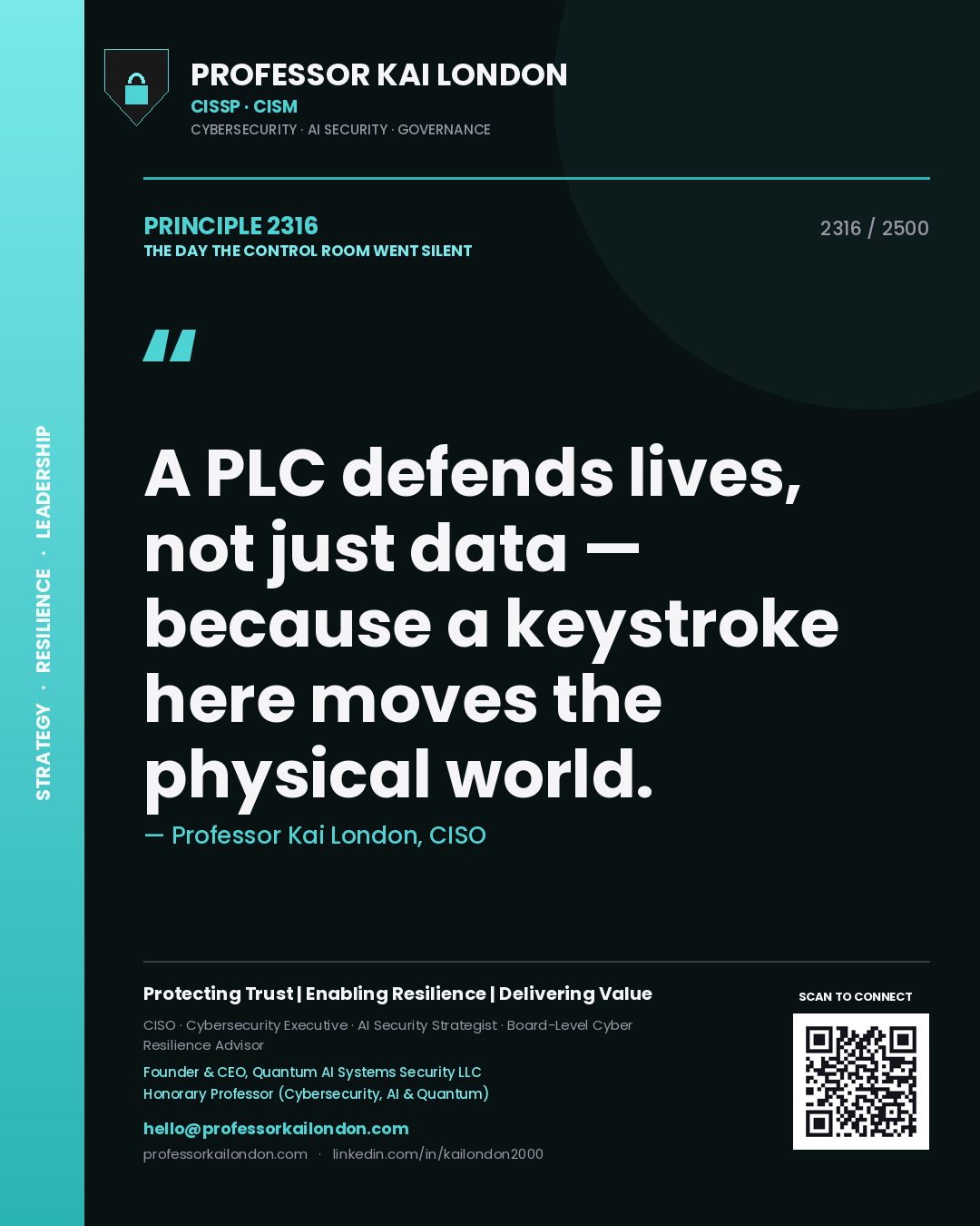 Professor Kai London principle 2316: A PLC defends lives, not just data — because a keystroke here moves the physical world.