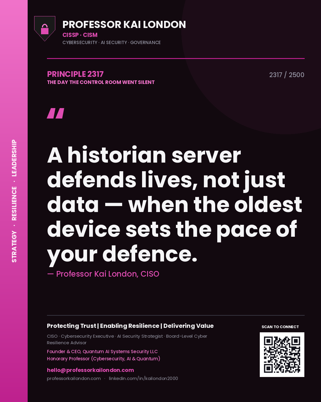 Quote card by Professor Kai London reading 'A historian server defends lives, not just data — when the oldest device sets the pace of your defence.'. From the book The Day the Control Room Went Silent.