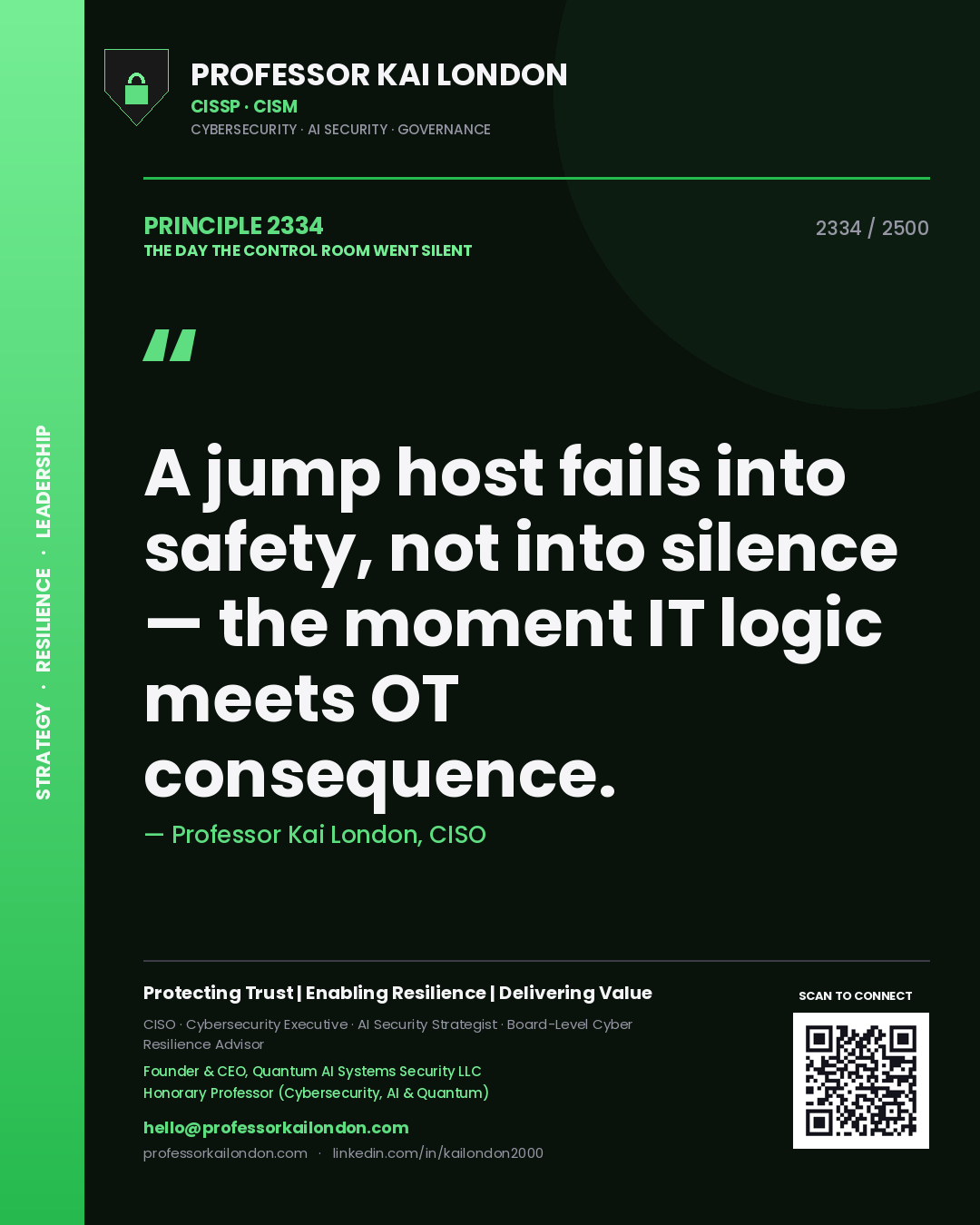 Quote card by Professor Kai London reading 'A jump host fails into safety, not into silence — the moment IT logic meets OT consequence.'. From the book The Day the Control Room Went Silent.