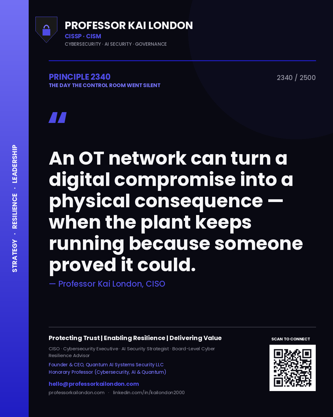 Quote card by Professor Kai London reading 'An OT network can turn a digital compromise into a physical consequence — when the plant keeps running because someone proved it could.'. From the book The Day the Control Room Went Silent.