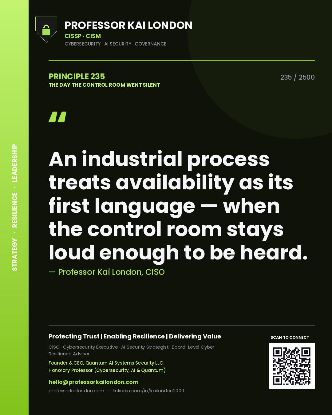 Quote card by Professor Kai London reading 'An industrial process treats availability as its first language — when the control room stays loud enough to be heard.'. From the book The Day the Control Room Went Silent.