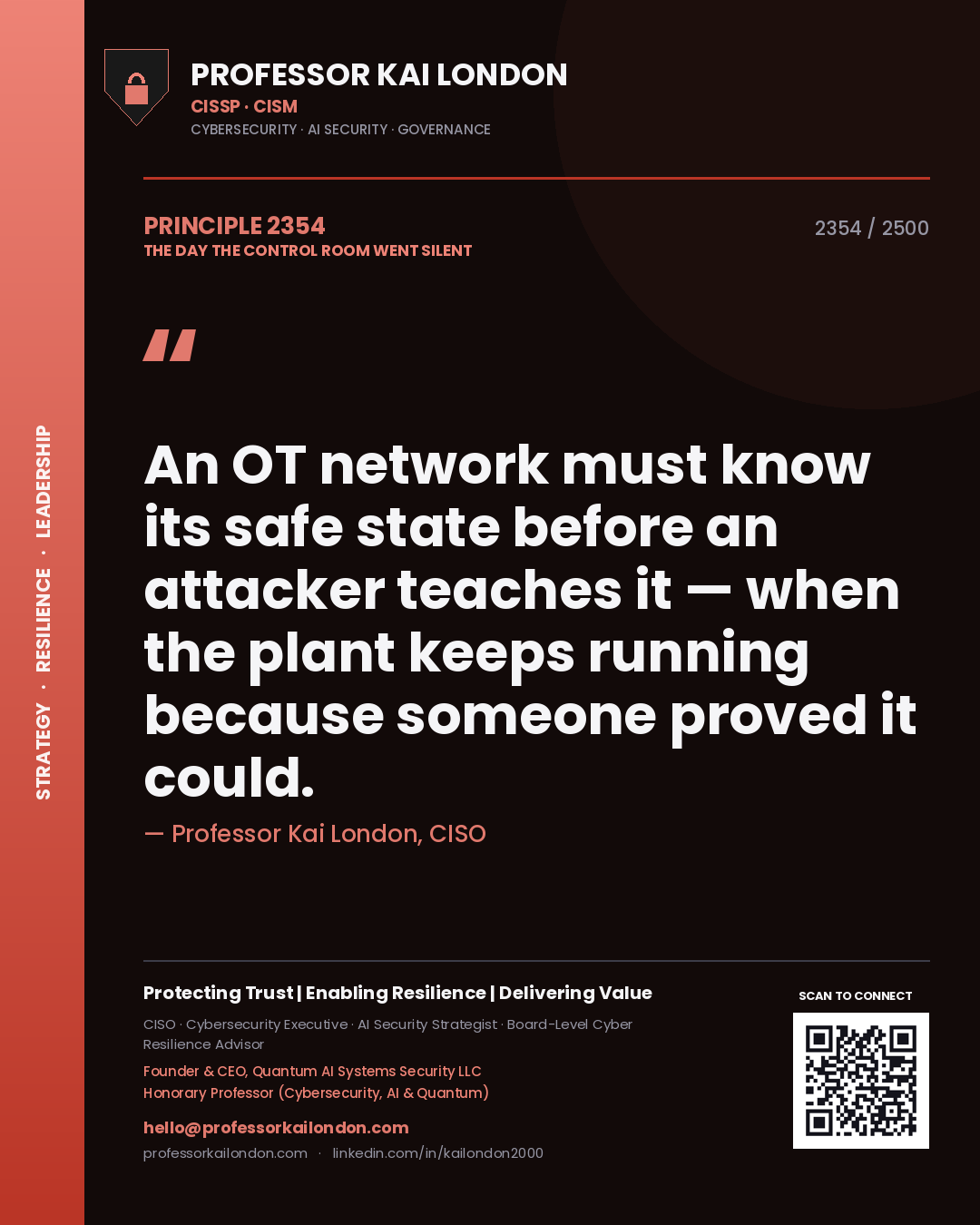 Quote card by Professor Kai London reading 'An OT network must know its safe state before an attacker teaches it — when the plant keeps running because someone proved it could.'. From the book The Day the Control Room Went Silent.