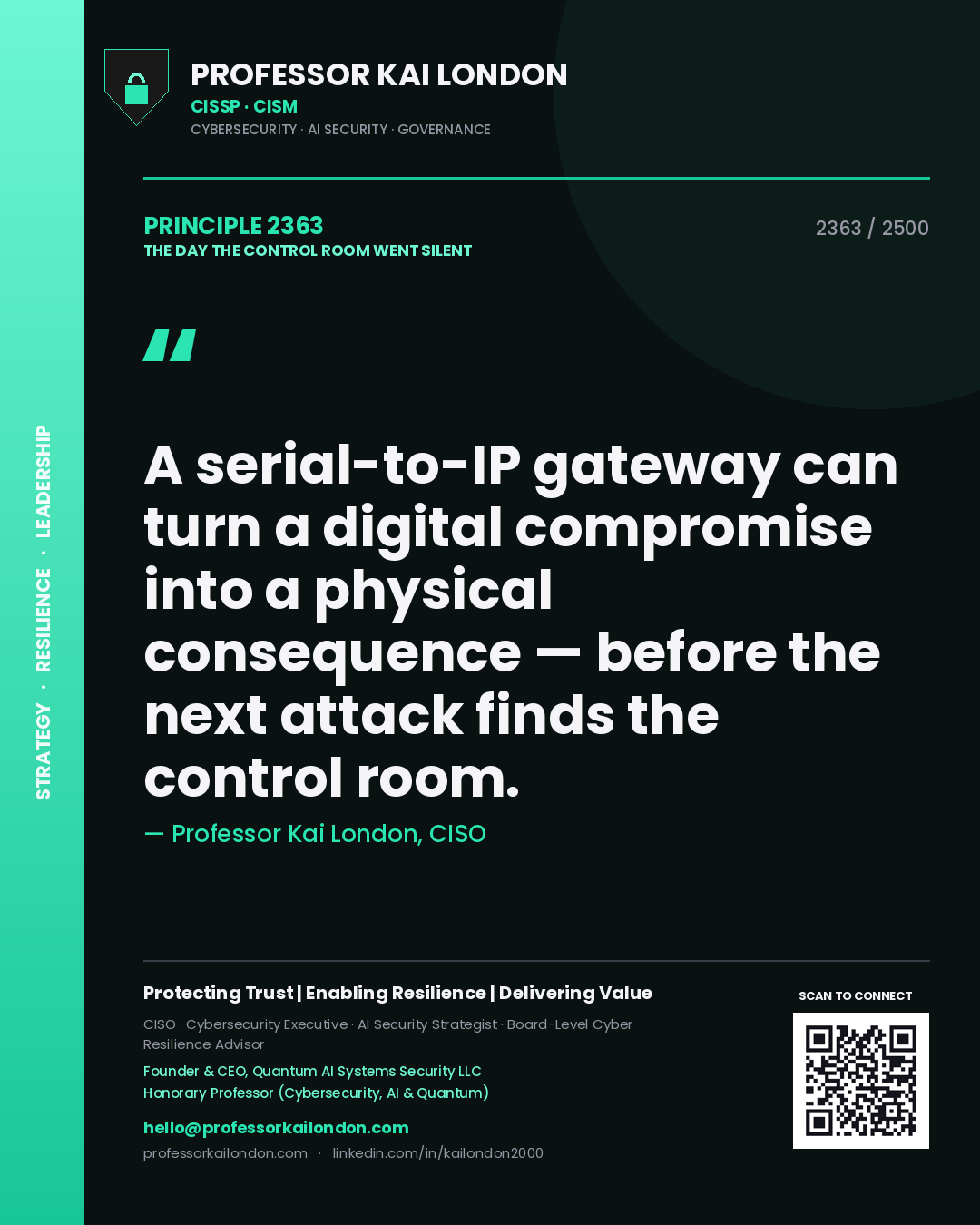 Quote card by Professor Kai London reading 'A serial-to-IP gateway can turn a digital compromise into a physical consequence — before the next attack finds the control room.'. From the book The Day the Control Room Went Silent.