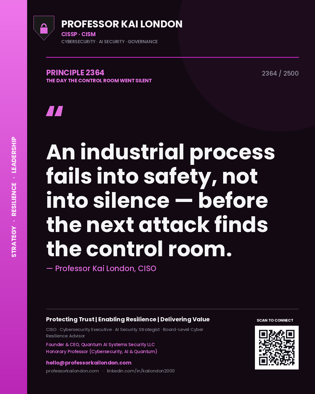 Quote card by Professor Kai London reading 'An industrial process fails into safety, not into silence — before the next attack finds the control room.'. From the book The Day the Control Room Went Silent.