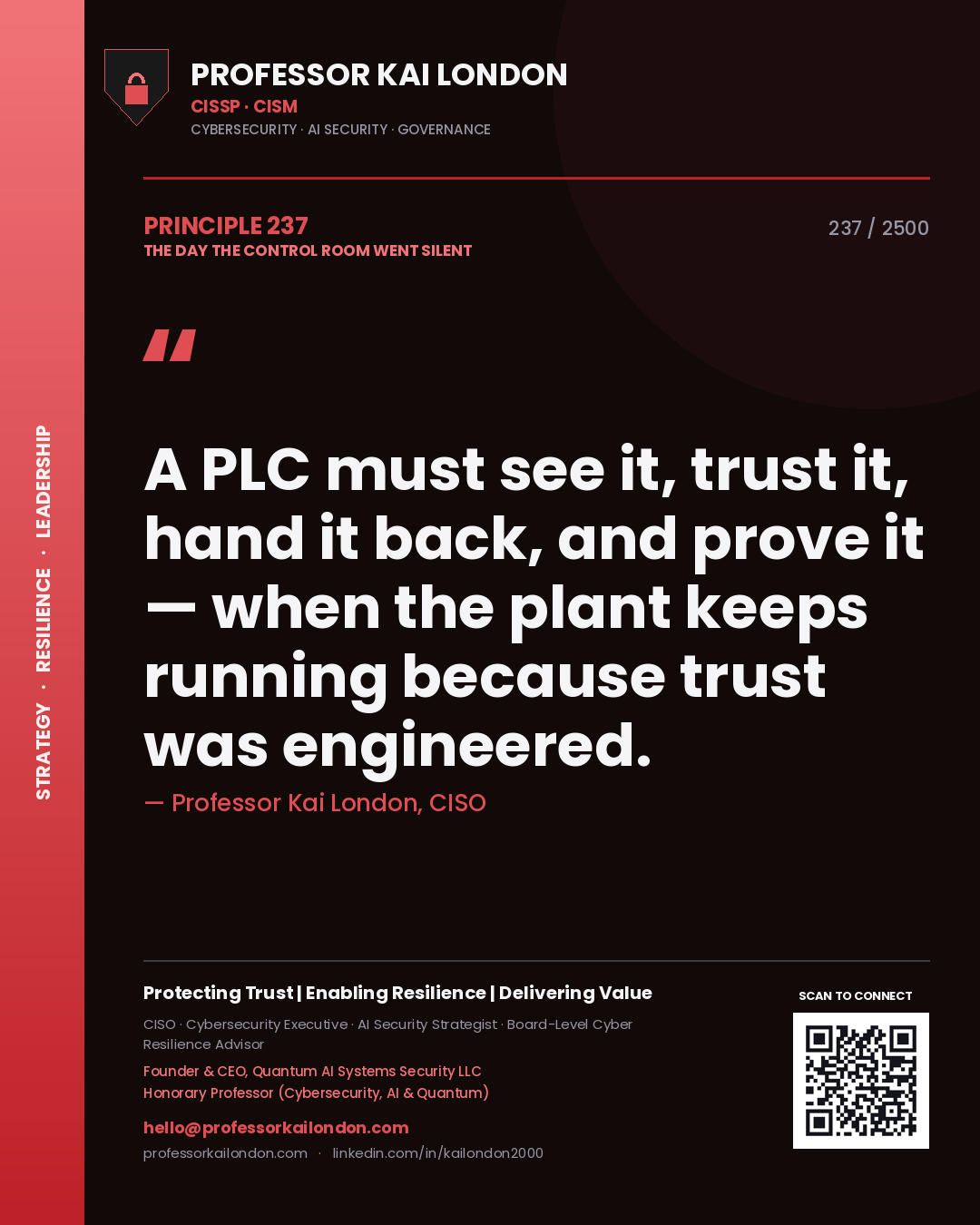 Quote card by Professor Kai London reading 'A PLC must see it, trust it, hand it back, and prove it — when the plant keeps running because trust was engineered.'. From the book The Day the Control Room Went Silent.