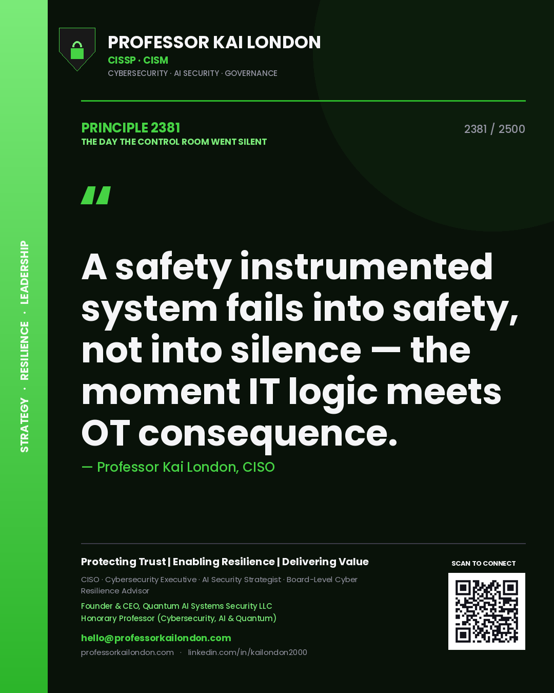 Professor Kai London principle 2381: A safety instrumented system fails into safety, not into silence — the moment IT logic meets OT consequence.