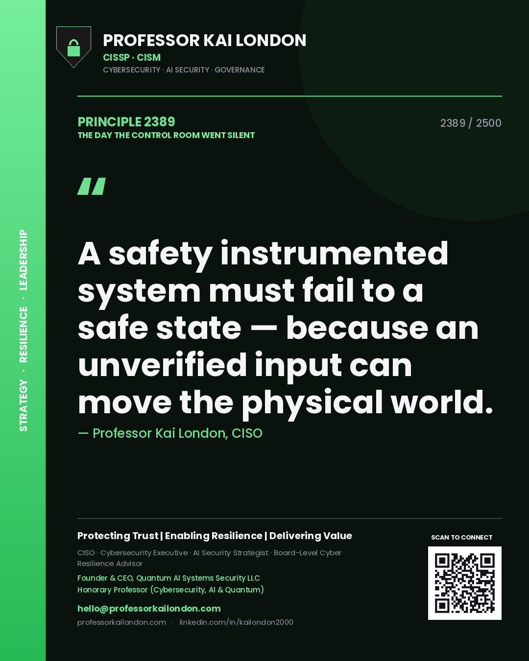 Quote card by Professor Kai London reading 'A safety instrumented system must fail to a safe state — because an unverified input can move the physical world.'. From the book The Day the Control Room Went Silent.