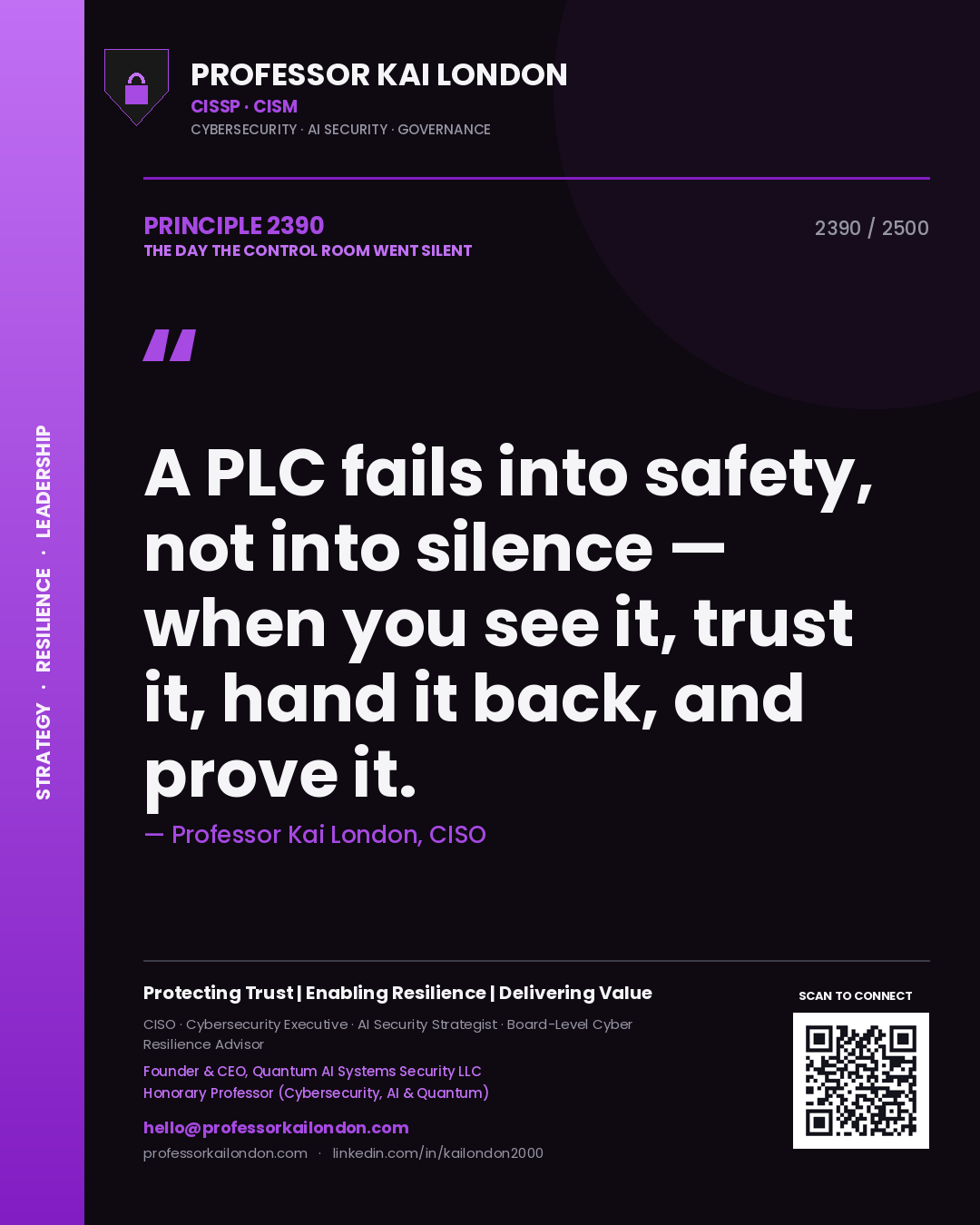 Professor Kai London principle 2390: A PLC fails into safety, not into silence — when you see it, trust it, hand it back, and prove it.