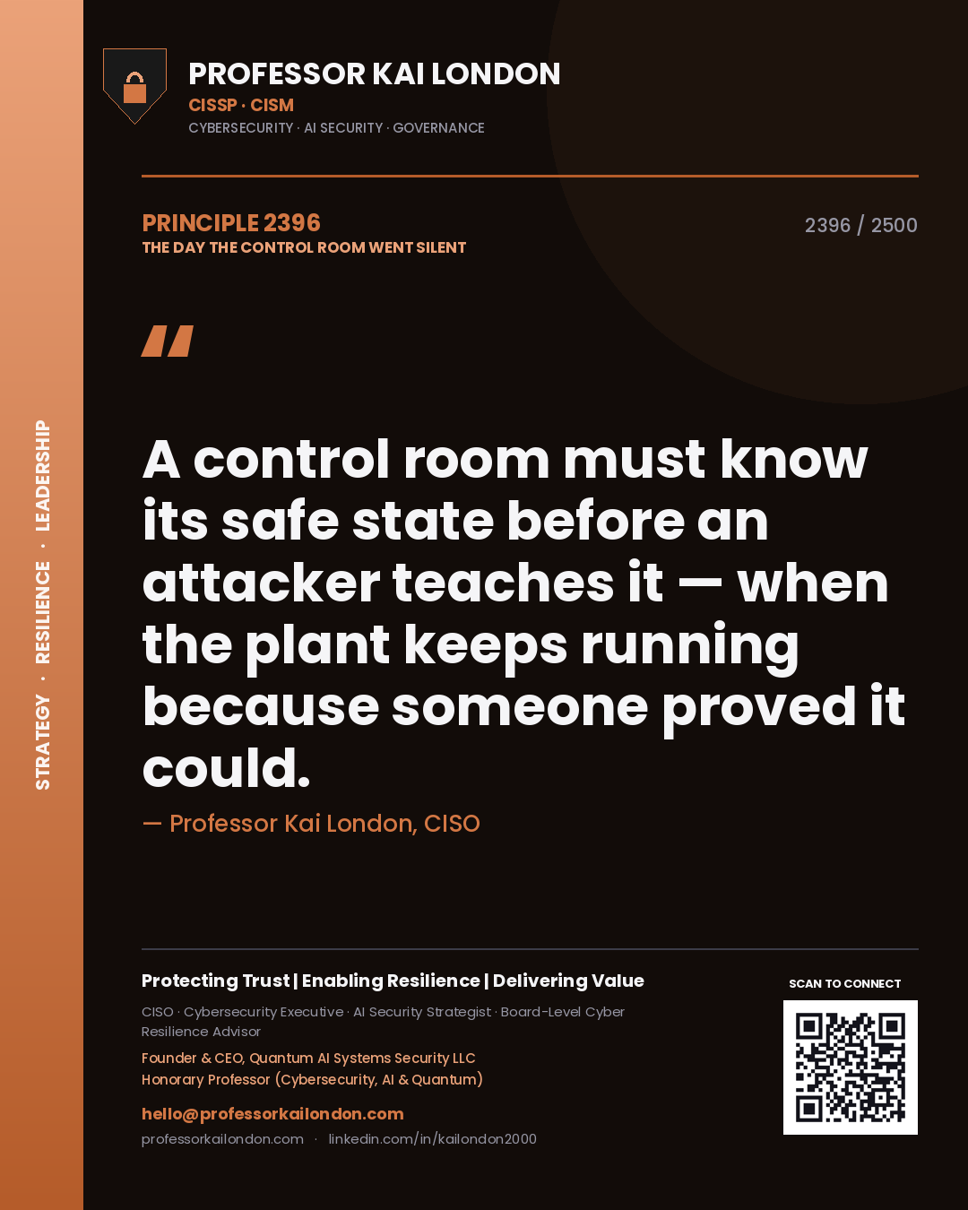 Professor Kai London principle 2396: A control room must know its safe state before an attacker teaches it — when the plant keeps running because someone proved it could.