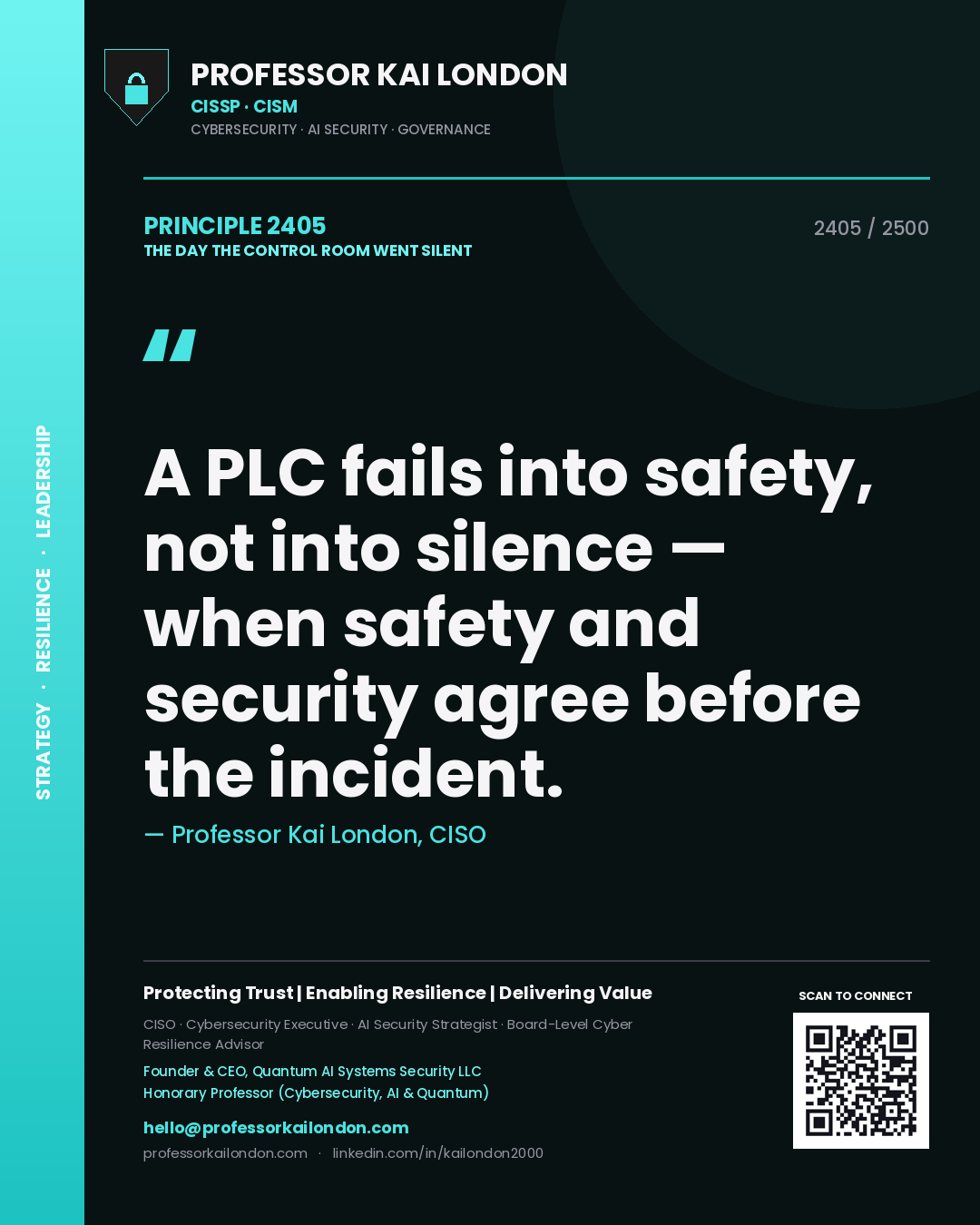 Quote card by Professor Kai London reading 'A PLC fails into safety, not into silence — when safety and security agree before the incident.'. From the book The Day the Control Room Went Silent.