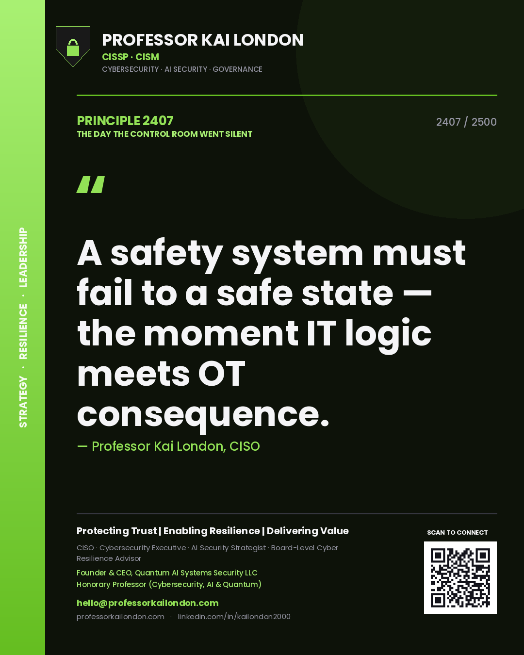 Quote card by Professor Kai London reading 'A safety system must fail to a safe state — the moment IT logic meets OT consequence.'. From the book The Day the Control Room Went Silent.