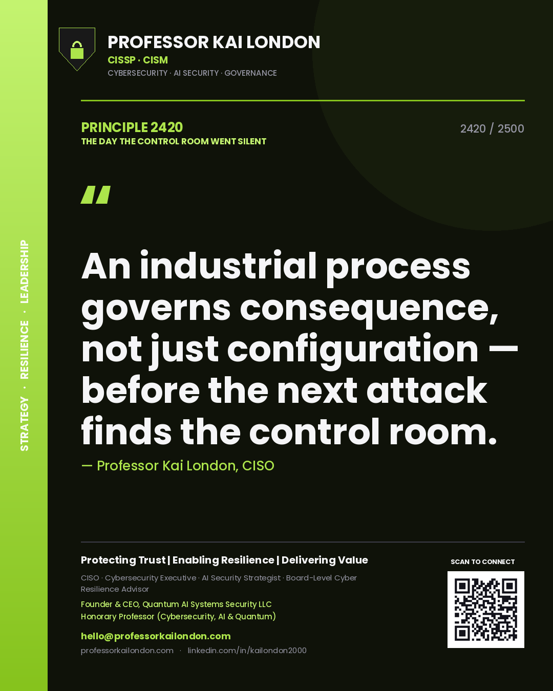 Quote card by Professor Kai London reading 'An industrial process governs consequence, not just configuration — before the next attack finds the control room.'. From the book The Day the Control Room Went Silent.