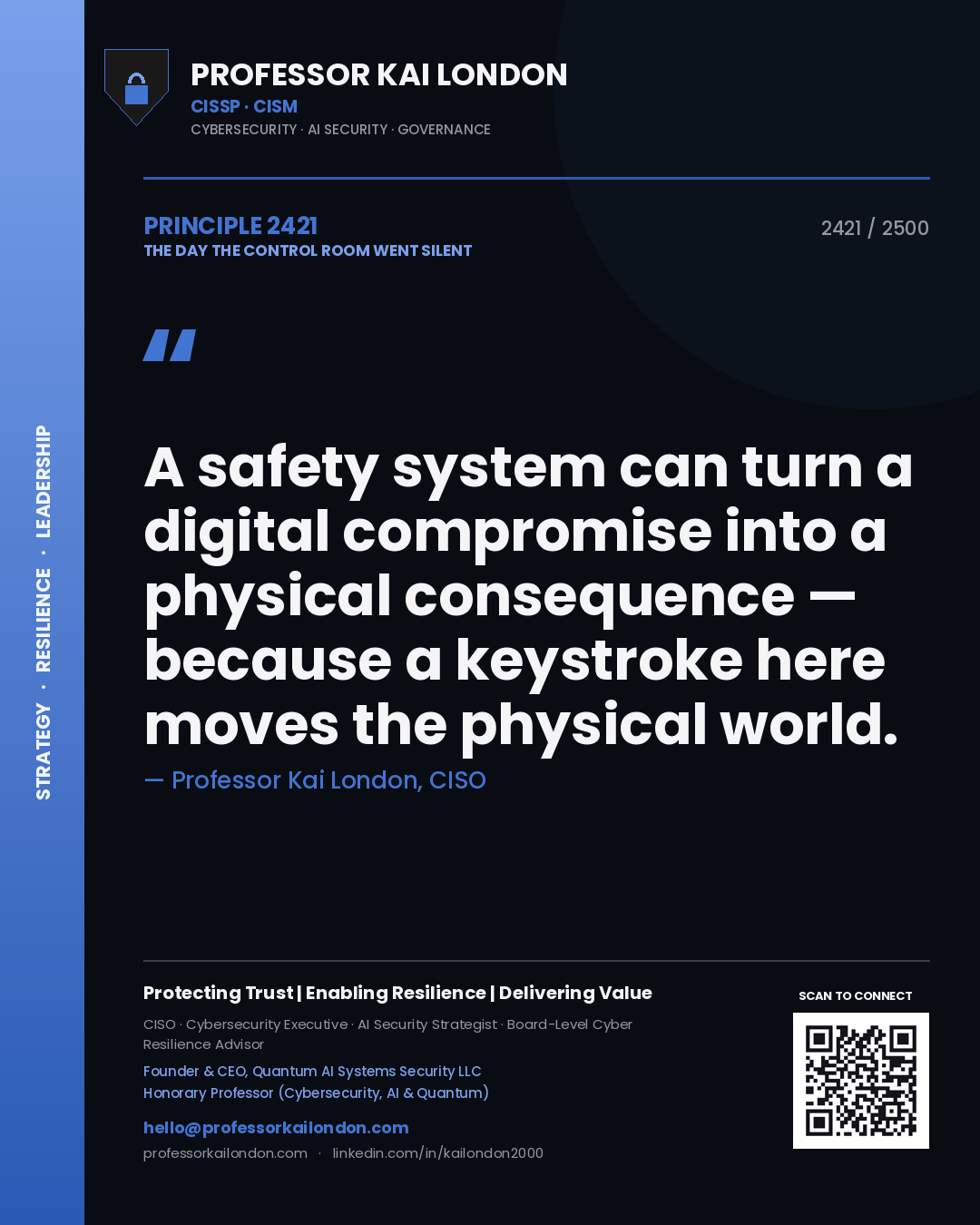 Professor Kai London principle 2421: A safety system can turn a digital compromise into a physical consequence — because a keystroke here moves the physical world.