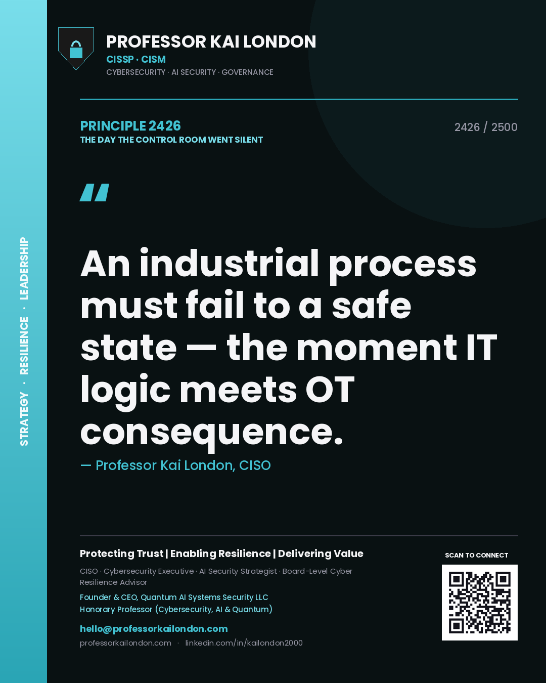 Quote card by Professor Kai London reading 'An industrial process must fail to a safe state — the moment IT logic meets OT consequence.'. From the book The Day the Control Room Went Silent.