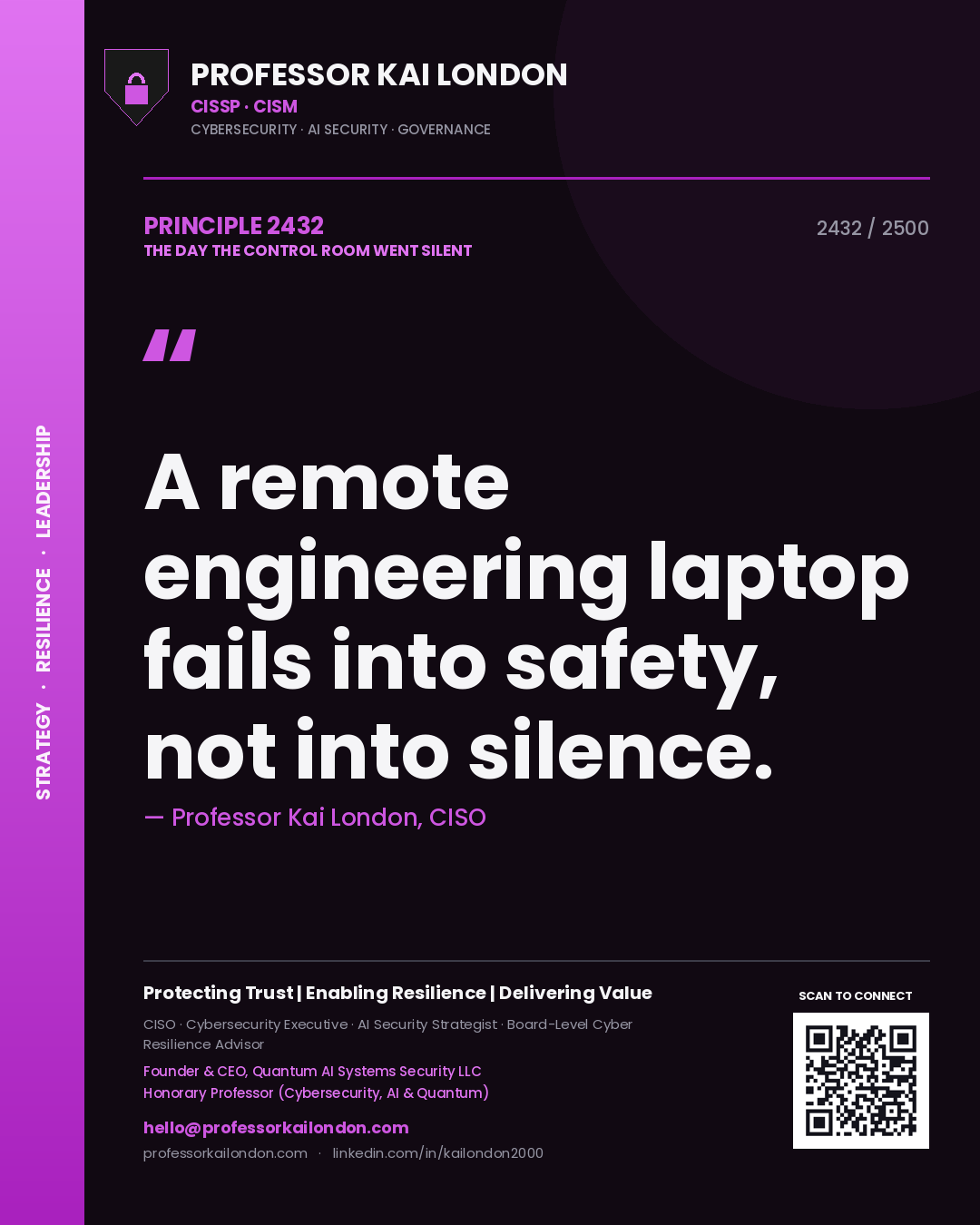Professor Kai London principle 2432: A remote engineering laptop fails into safety, not into silence.