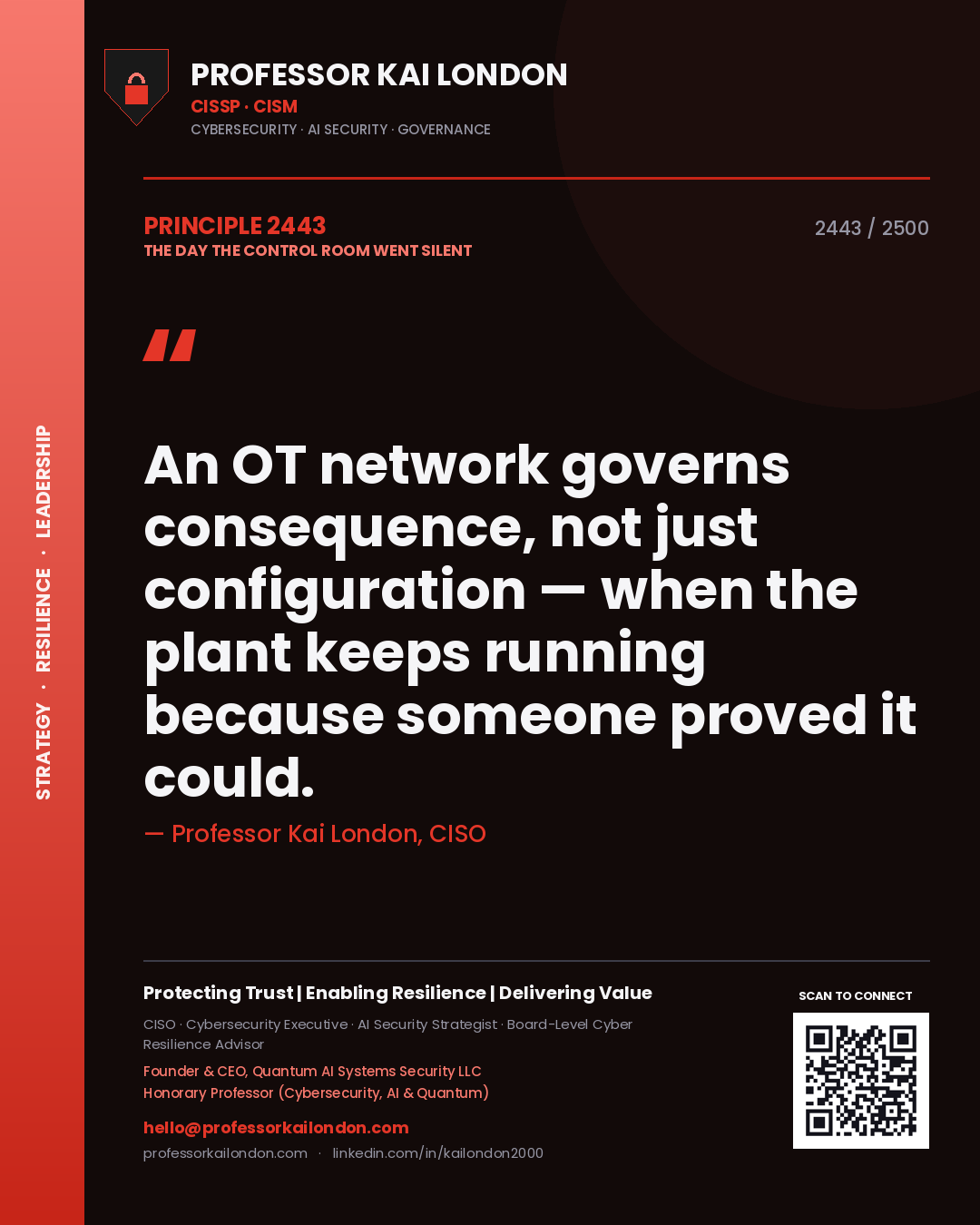 Quote card by Professor Kai London reading 'An OT network governs consequence, not just configuration — when the plant keeps running because someone proved it could.'. From the book The Day the Control Room Went Silent.